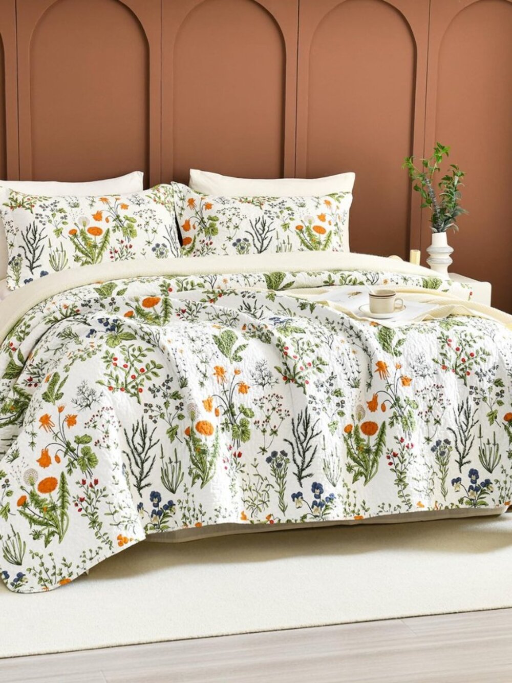 100% Cotton Floral Queen Quilt Bedspread Set,Yellow Flowers Plant Pattern